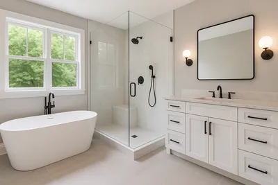 Modern bathroom with walk-in shower and freestanding tub