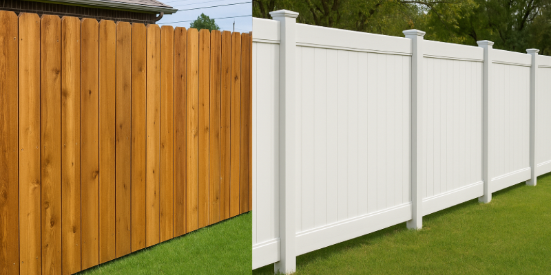 Side-by-side comparison of cedar and vinyl privacy fences in Oklahoma weather