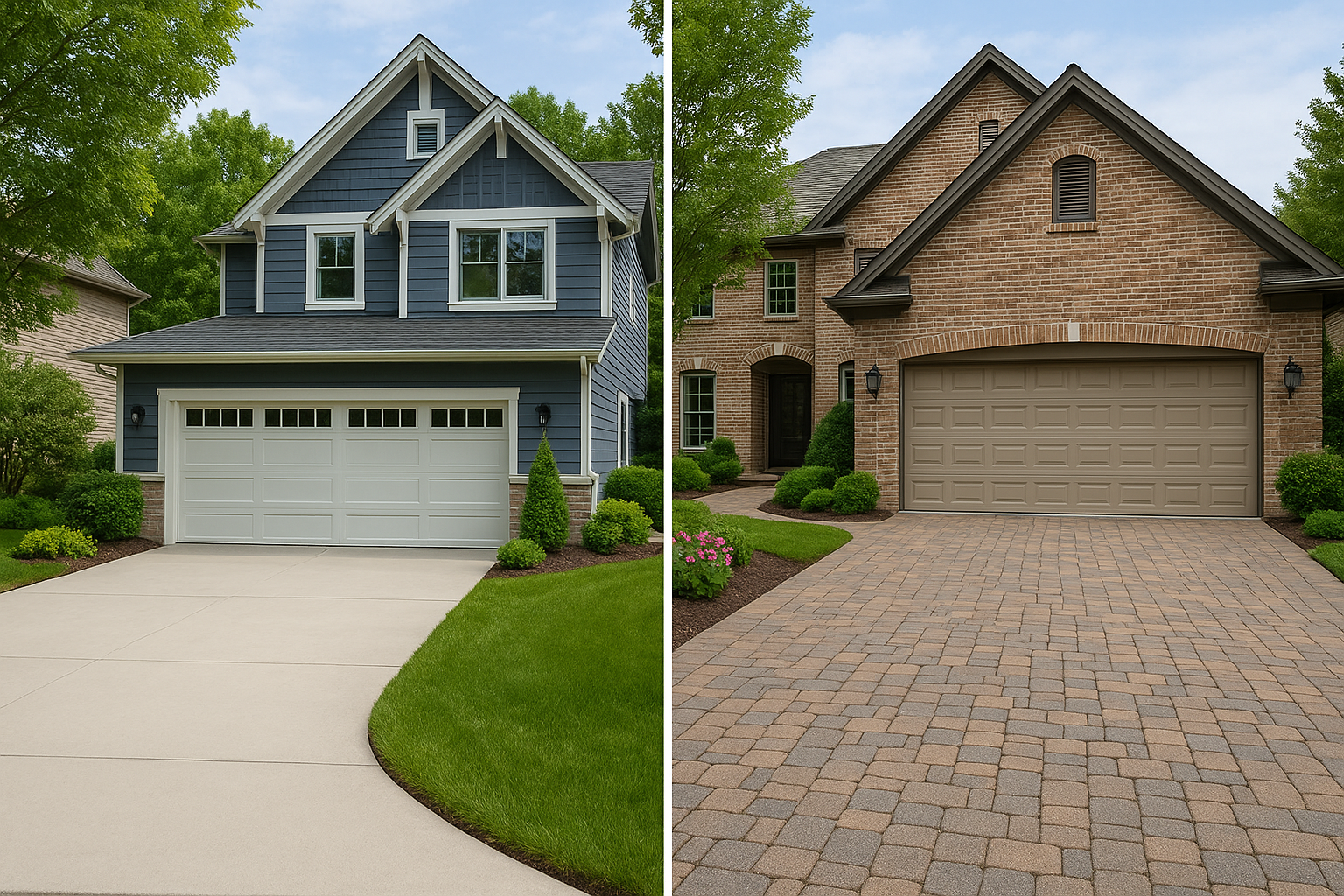 Side-by-side comparison of concrete and paver patio installations