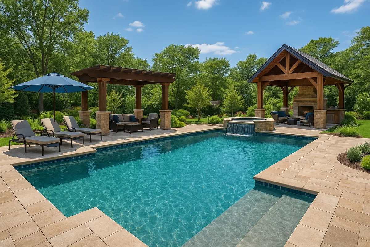 Beautiful backyard pool with modern design and outdoor living space