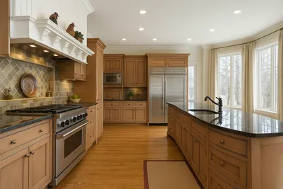 Modern kitchen renovation with white cabinets and marble countertops