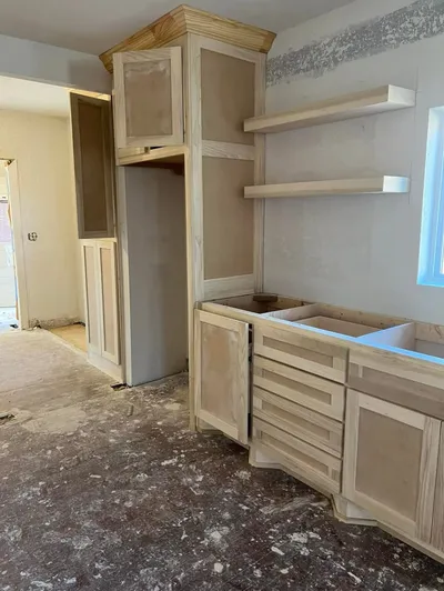 Beautiful modern kitchen with floating shelves